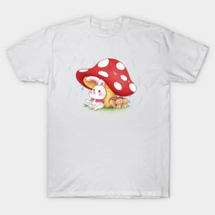 Cute Rabbit and Squirrels on a Rainy day T-Shirt